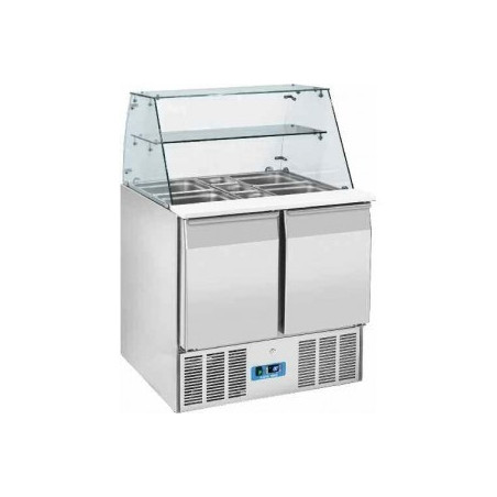 Saladette vitrée 2 portes GN 1/1 avec dessus cap. 2 x GN 1/1 avec 2 x GN 1/4 avec etagère de service