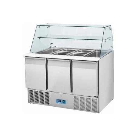 Saladette vitrée 3 portes GN 1/1 avec dessus cap. 4 x GN 1/1 avec etagère de service