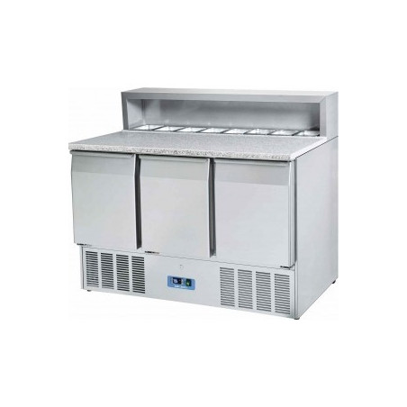 Table à pizzas 3 portes GN 1/1 et dessus granit avec cap. 8 bacs GN1/6