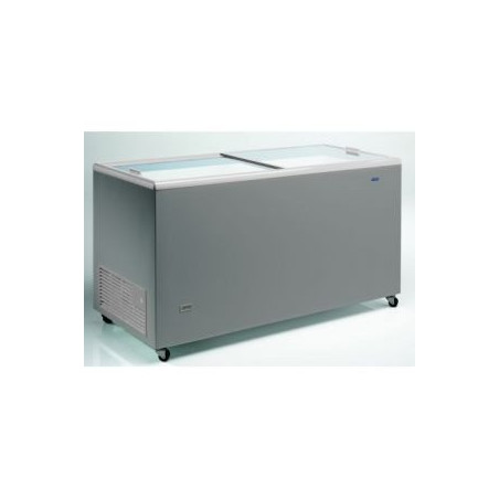 Congélateur 387 litres couvercle coulissant «vitrée» aspect inox