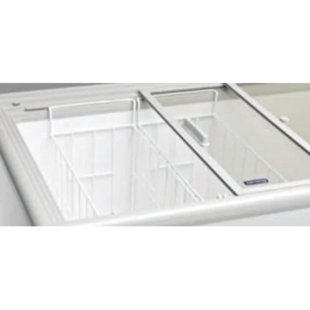 Congélateur 470 litres couvercle coulissant «vitrée» aspect inox