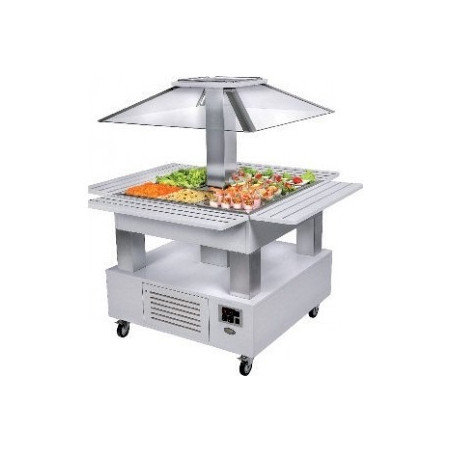 Buffet chauffant central ilot mobile couvercle fixe 4 bacs GN 1/1